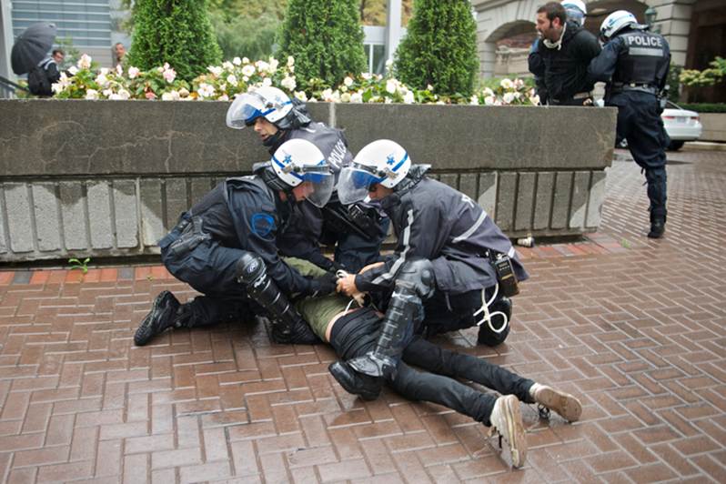 Three police officers in riot gear arrest a person on the ground on a brick surface. The text on the page references excessive force and constitutional rights.